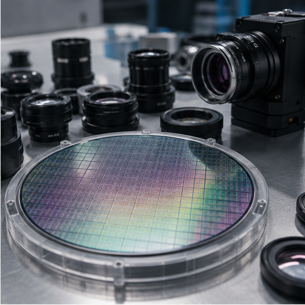 Silicon wafer and lens elements on a laboratory bench.