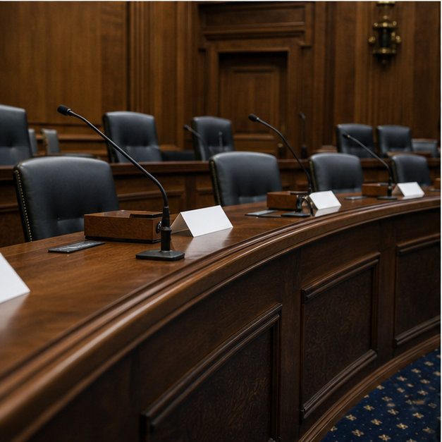 Empty policy hearing room with microphones.