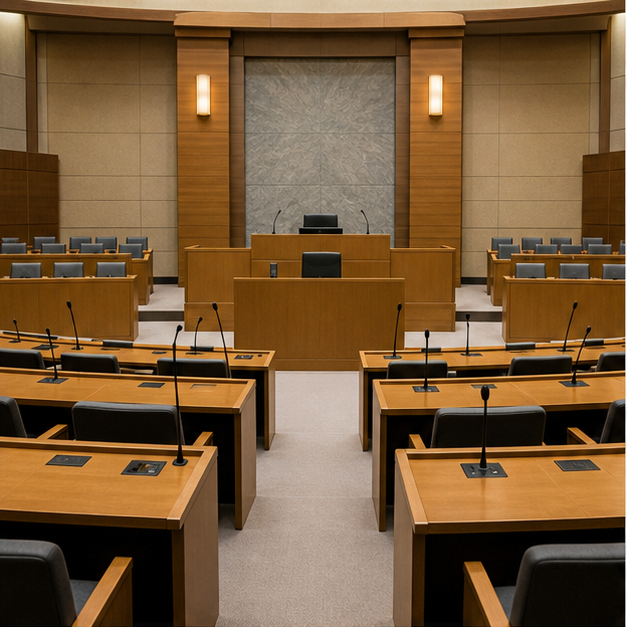 Assembly desks and official papers representing local government accountability in Hyogo
