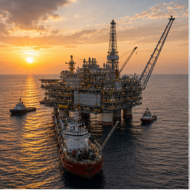 Offshore LNG production platform and support vessels.