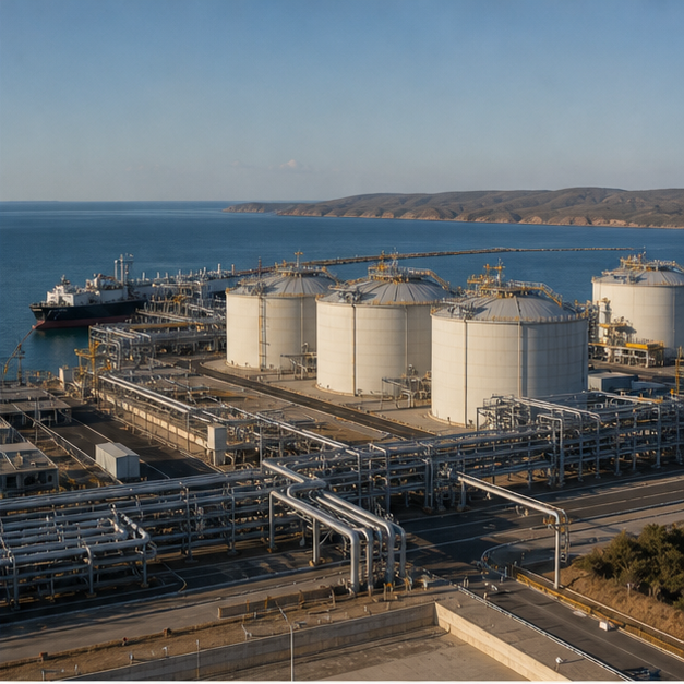 Australian LNG export terminal with storage tanks.
