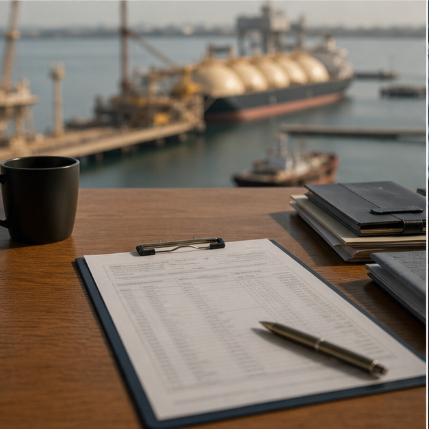 Port logistics desk with unreadable vessel schedules.