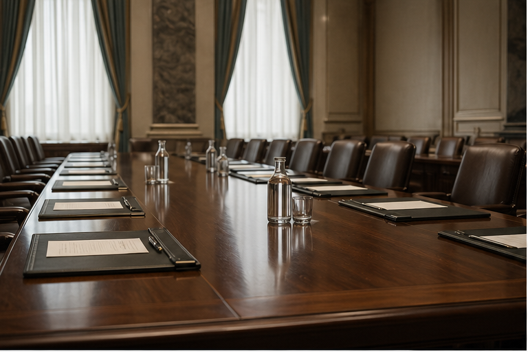 Diplomatic negotiation room with empty chairs and blank folders