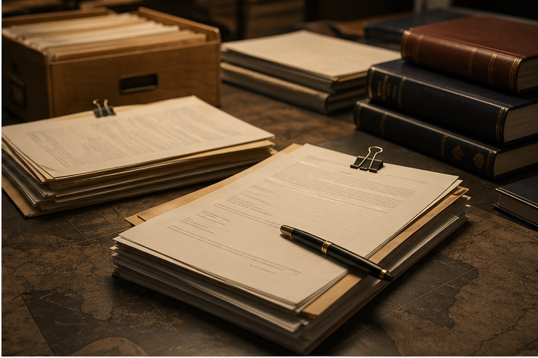 Archival desk with plain documents and a pen suggesting a long timeline