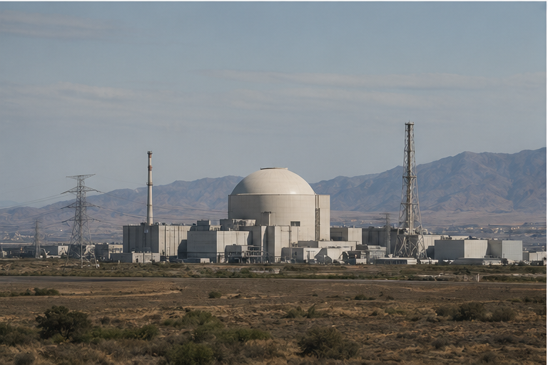 Distant nuclear facility exterior under neutral daylight