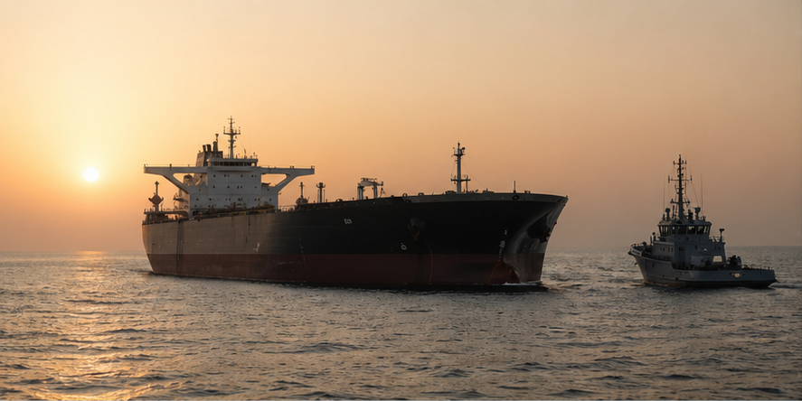 Oil tanker and escort vessel in a calm but tense sea at sunrise