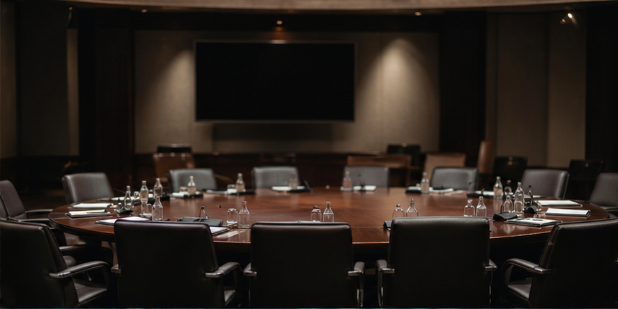 Quiet international negotiation room with empty chairs and dim lighting