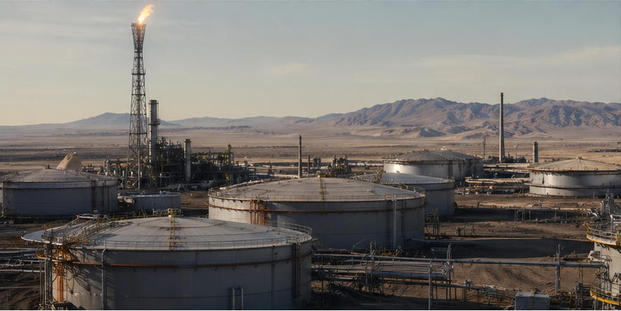 Crude oil terminal and storage tanks in a desert edge atmosphere
