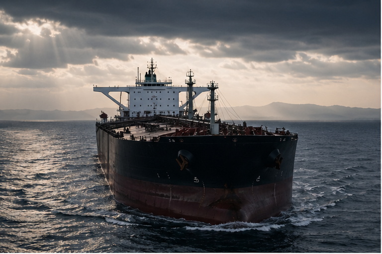 Oil tanker at sea under tense gray morning light