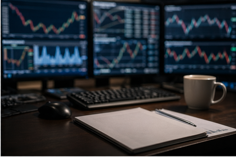 Trading desk with blurred commodity and currency screens