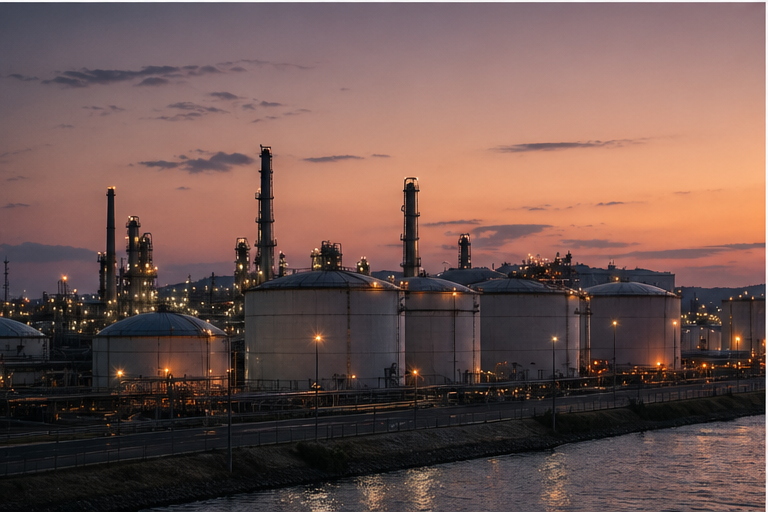 Refinery or oil storage terminal seen from distance at dusk