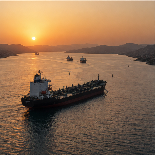 Oil tankers moving through a narrow strait.