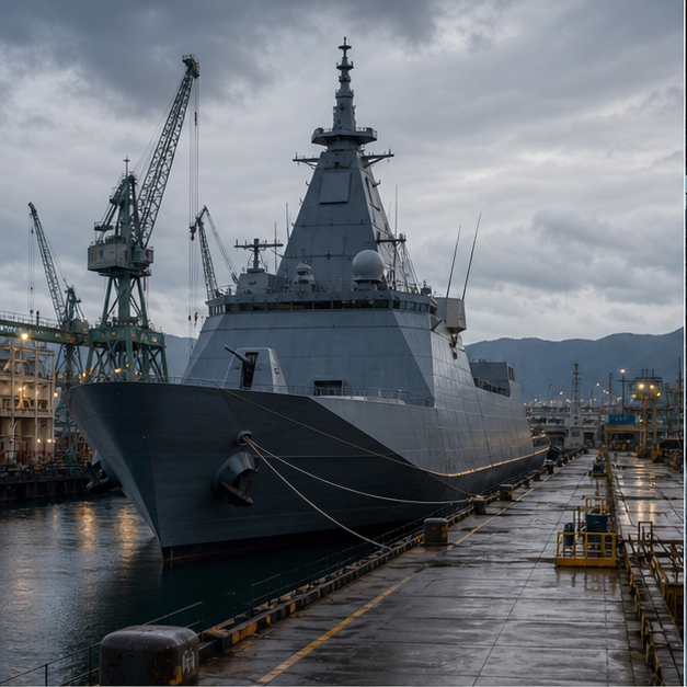 Generic gray naval frigate at an industrial pier.
