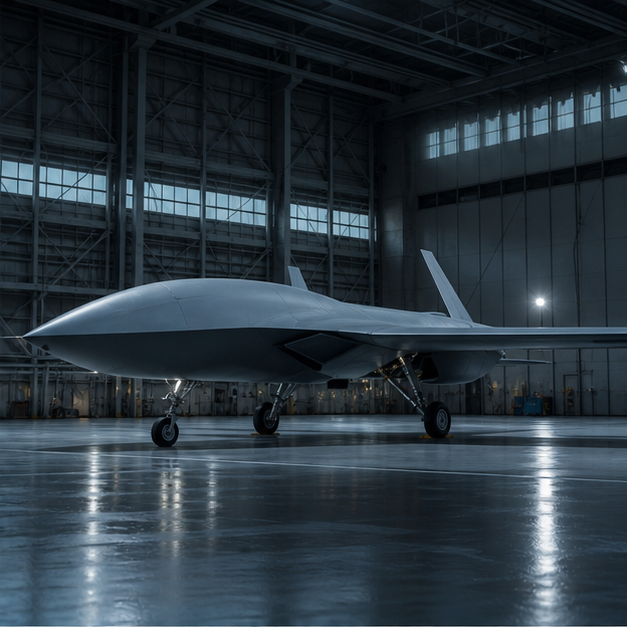 Unmarked unmanned aircraft inside a hangar.