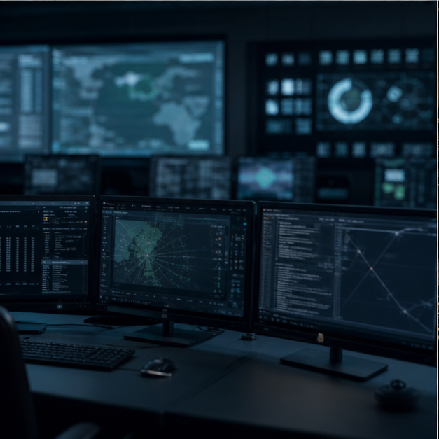 Cyber operations room with unreadable monitoring screens.
