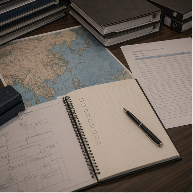 Business continuity planning desk with blank dependency checklist