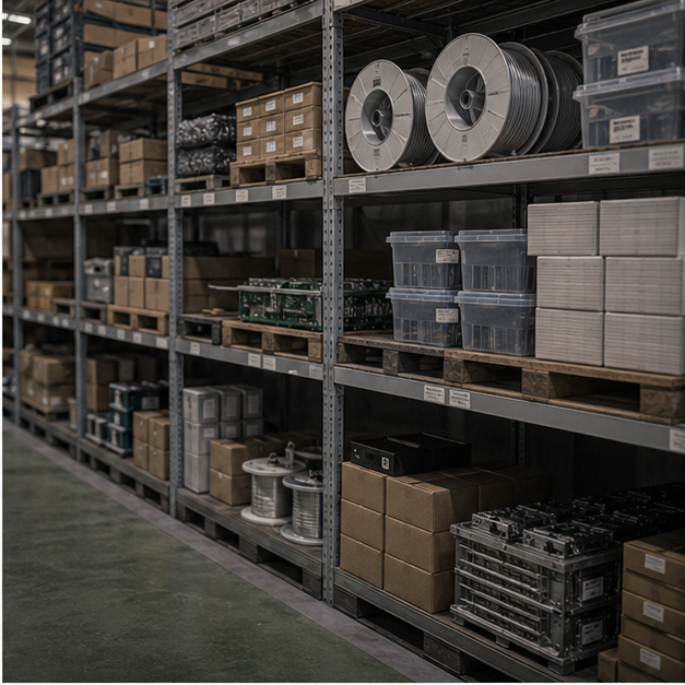 Warehouse shelves with critical components and packaging