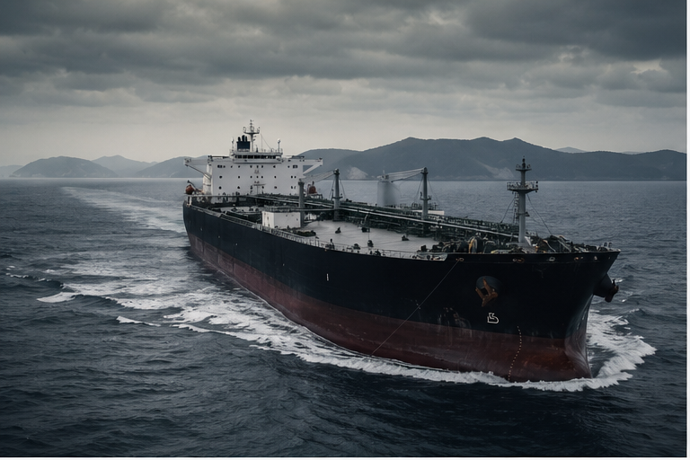 VLCC oil tanker at sea under tense gray light