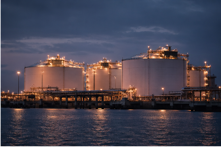 LNG terminal with storage tanks and industrial lights at nightfall