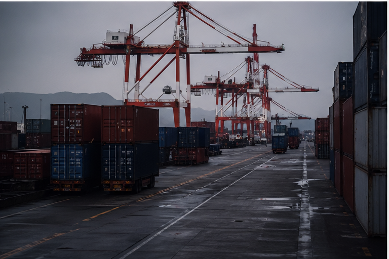 Container port logistics scene with cranes and stacked containers