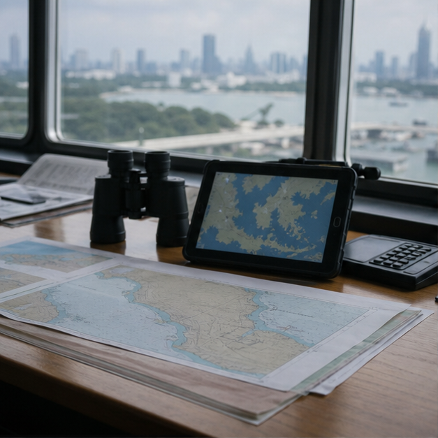Maritime operations desk with charts and binoculars