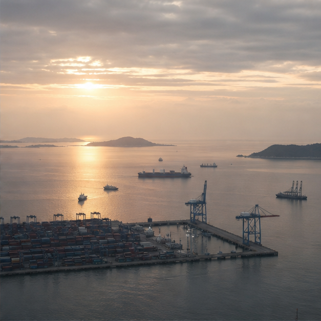 Container port at a sea lane chokepoint