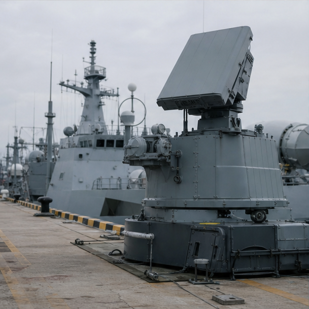 Patrol vessel radar equipment on a quiet pier