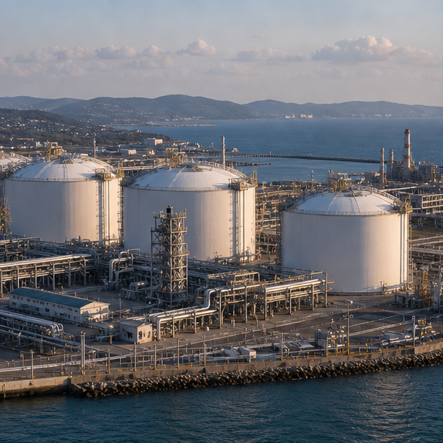 Coastal LNG receiving terminal with storage tanks.