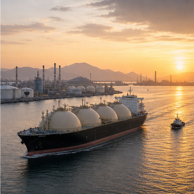 LNG tanker approaching a Japanese industrial port.