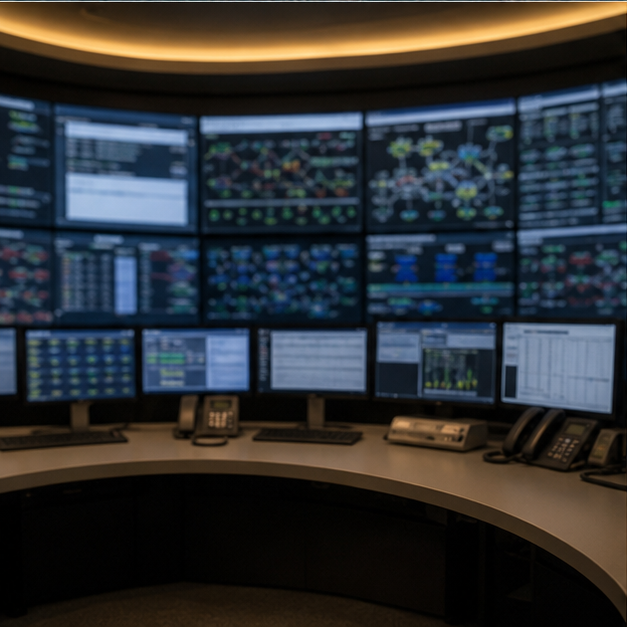 Energy control room with unreadable monitoring screens.