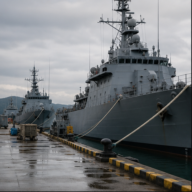 Gray patrol vessels at a quiet maintenance dock