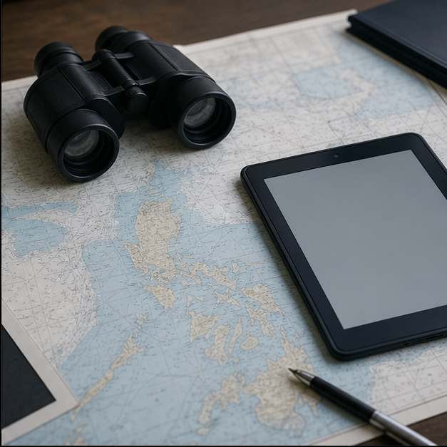 Maritime planning desk with chart and binoculars