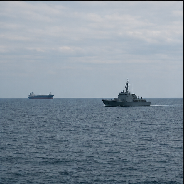 Patrol vessel and cargo ship on a calm sea lane