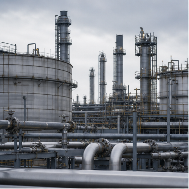 Refinery tanks, oil tanker route, control room, and coastal fuel storage