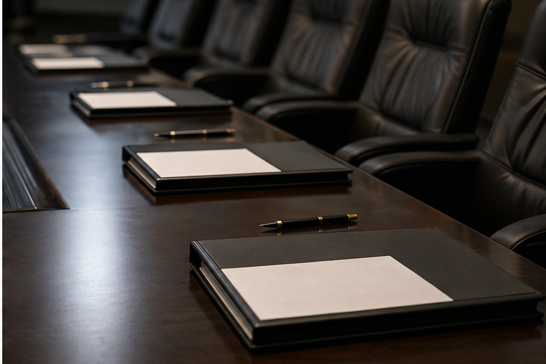 Conference table with blank policy binders and pens