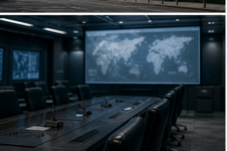 Secure briefing room with a large blurred wall map