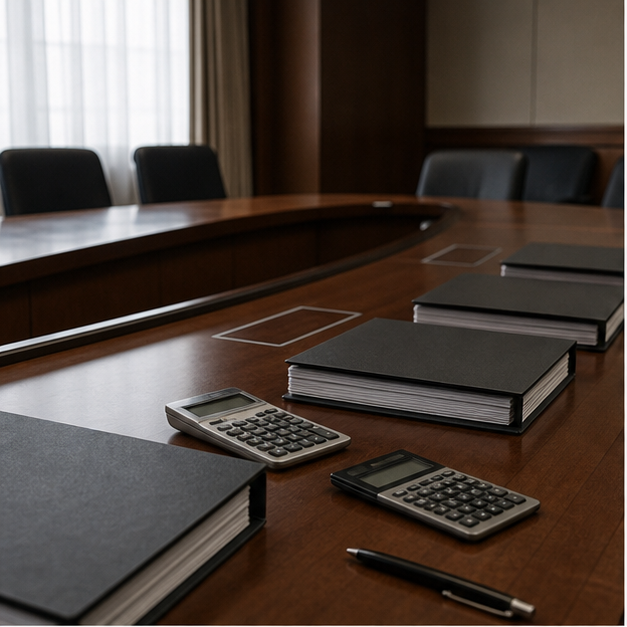 Government budget conference table with binders
