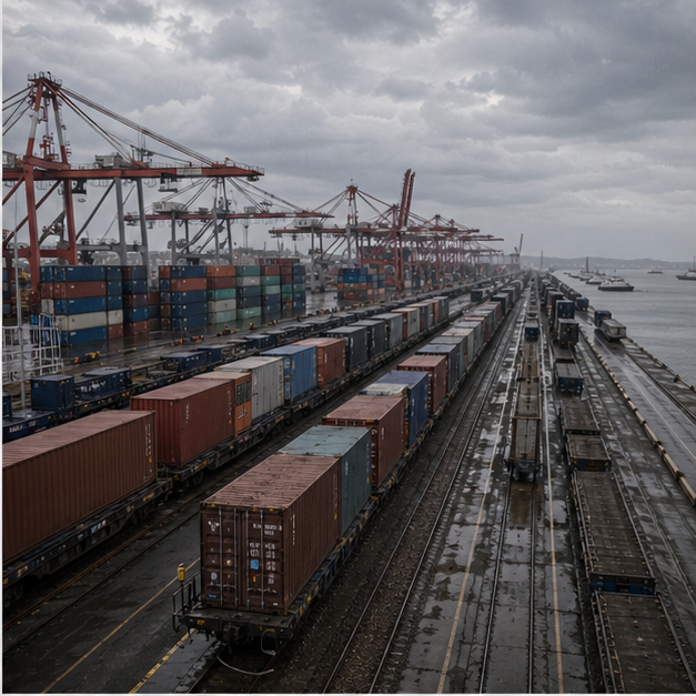 Logistics chokepoint scene at a port or rail yard