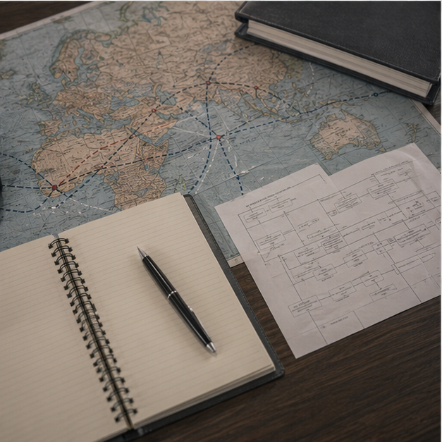 Dependency mapping desk with blank supply notes and route map
