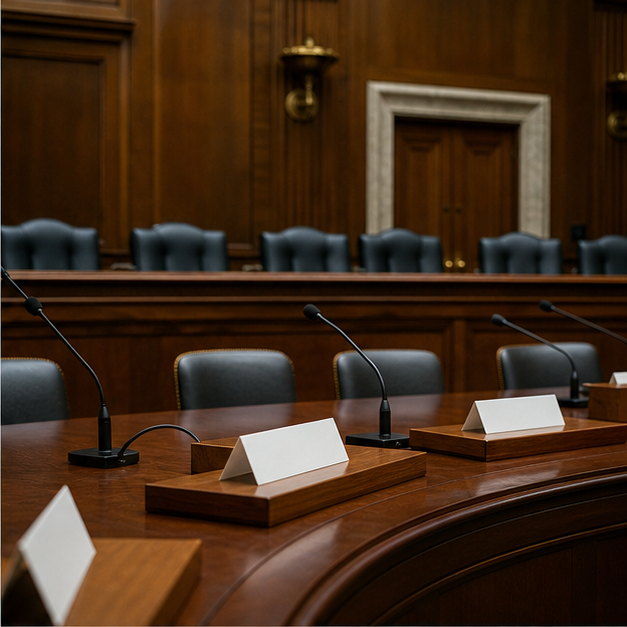 Empty legislative hearing room with microphones.