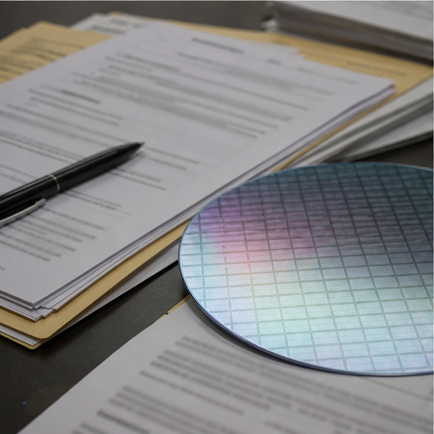 Export-control paperwork and a silicon wafer on a desk.