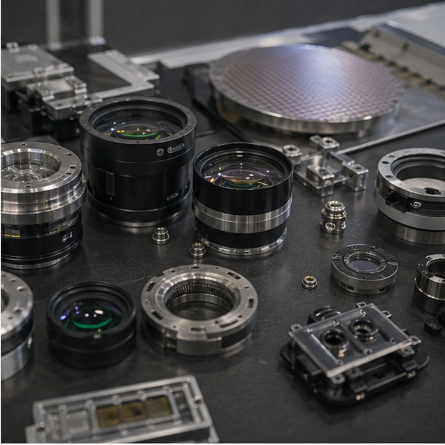 Precision optics and chip tool components on a clean table