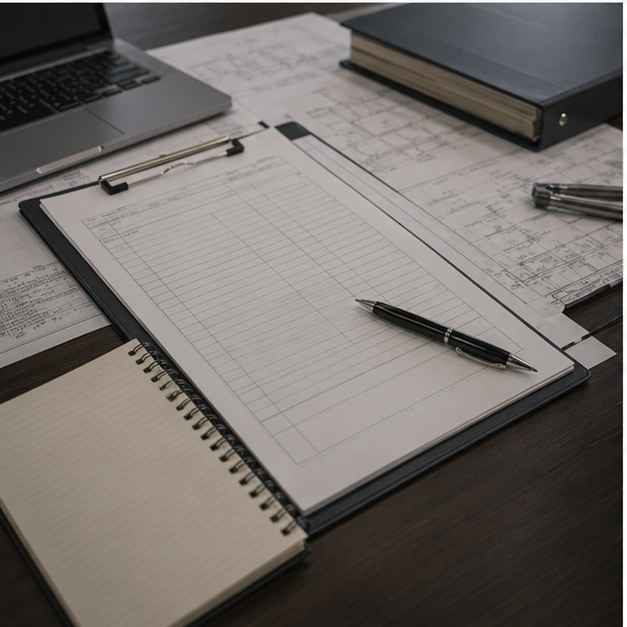 Service and maintenance planning desk with blank forms