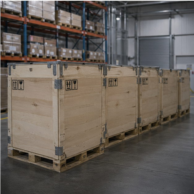 Export control logistics scene with sealed crates in a clean warehouse