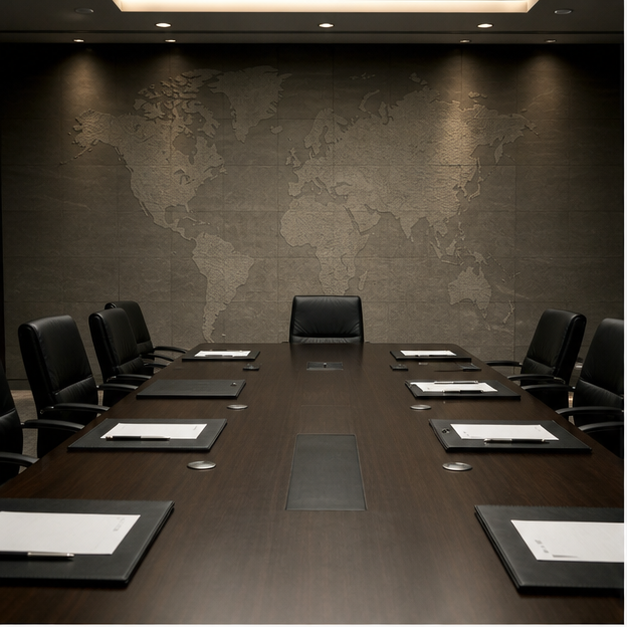 Boardroom, LNG terminal, and port scenes representing sanctions and corporate asset protection