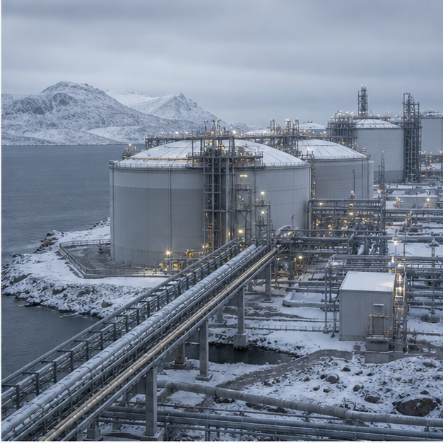 Boardroom, LNG terminal, and port scenes representing sanctions and corporate asset protection