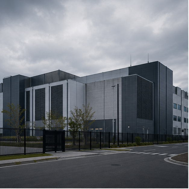 Modern data center exterior under cloudy sky