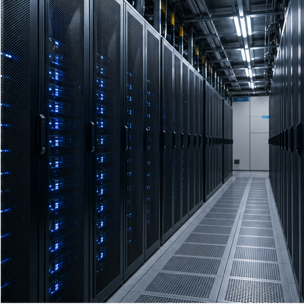 Server room aisle with blue status lights and no readable labels