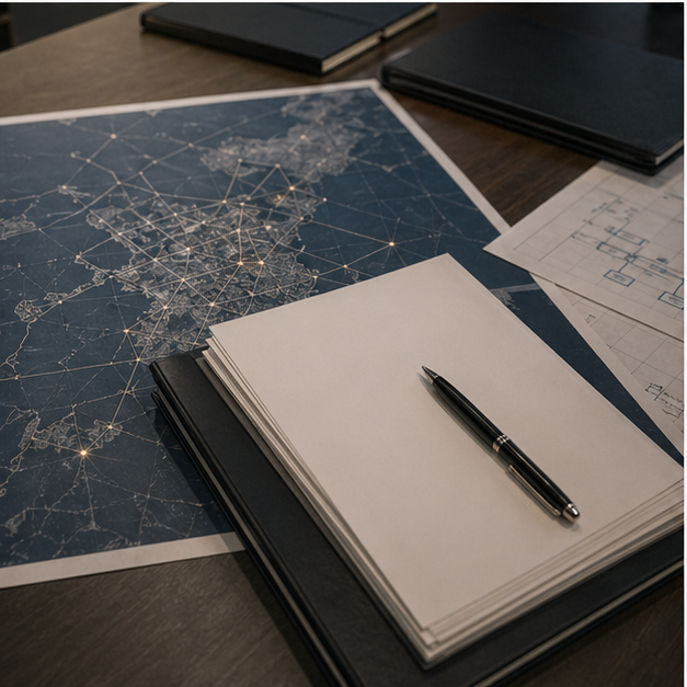 Cyber policy desk with blank papers and infrastructure map