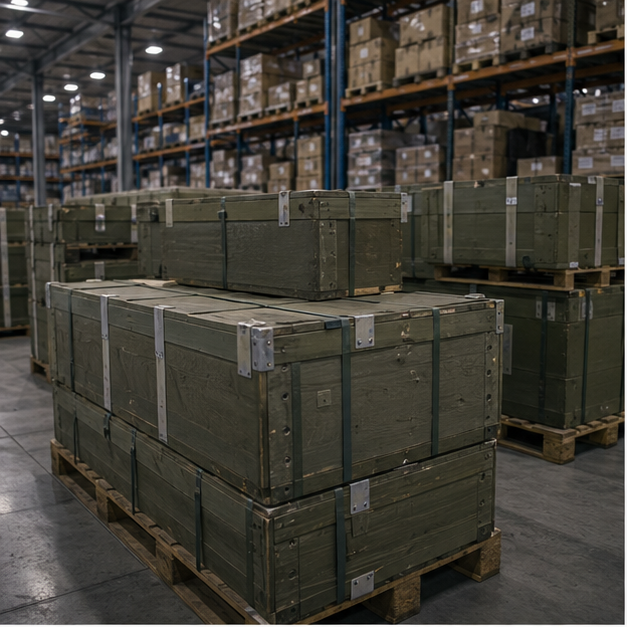 Logistics warehouse with sealed military adjacent crates